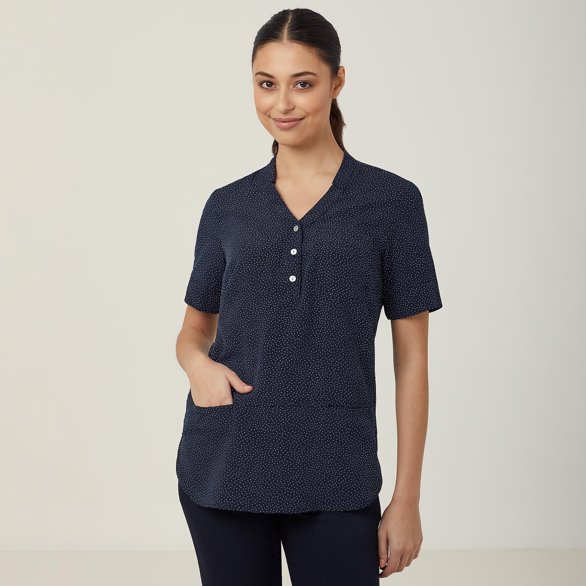 Silvi Spot Print Short Sleeve Tunic, navy | NNT Uniforms